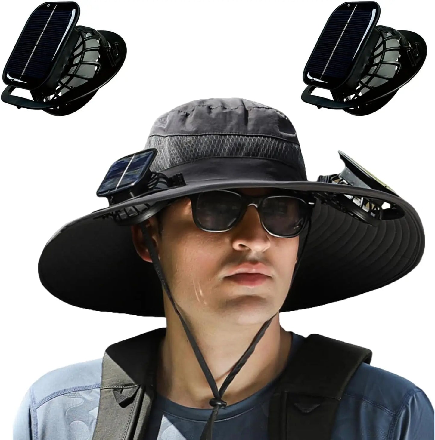 Wide Brim Solar Fan Outdoor Fishing Hat,Men Sun Hat with 2 Solar Fan Fishing Hats